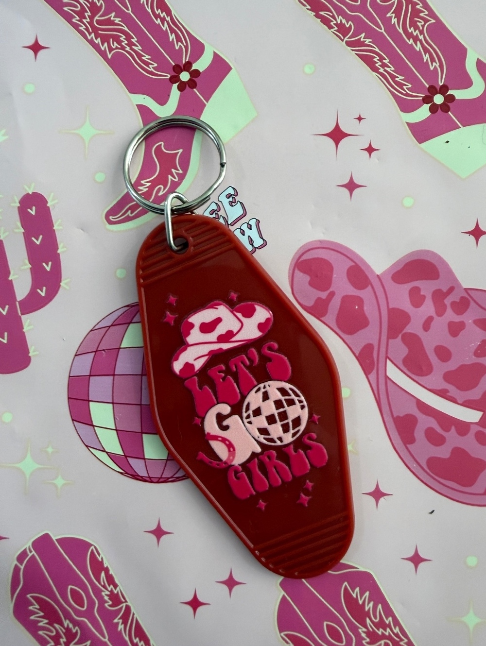 Retro Style 'Let's Go Girls' Red Keychain with Disco Ball and Cowboy Hat Design